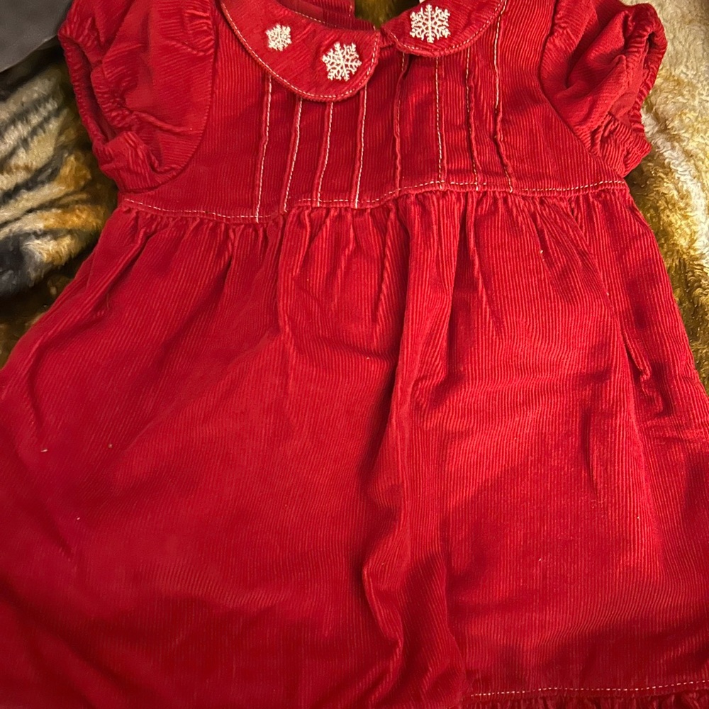 Red Corduroy Dress with Snowflake Embroidery